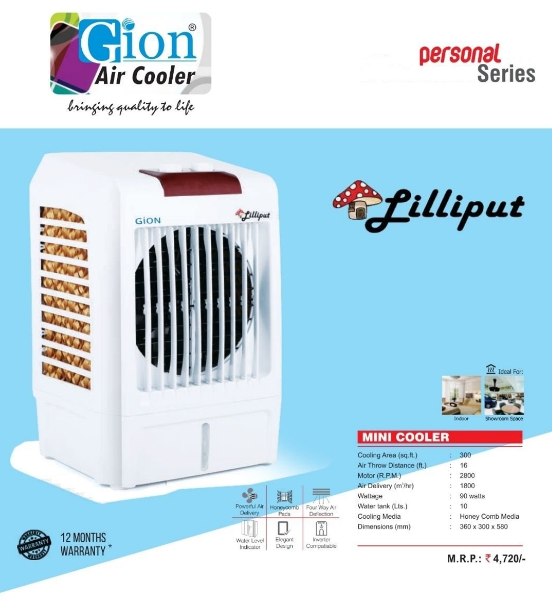 10 Ltr , gion air cooler , 90 watts , honey comb